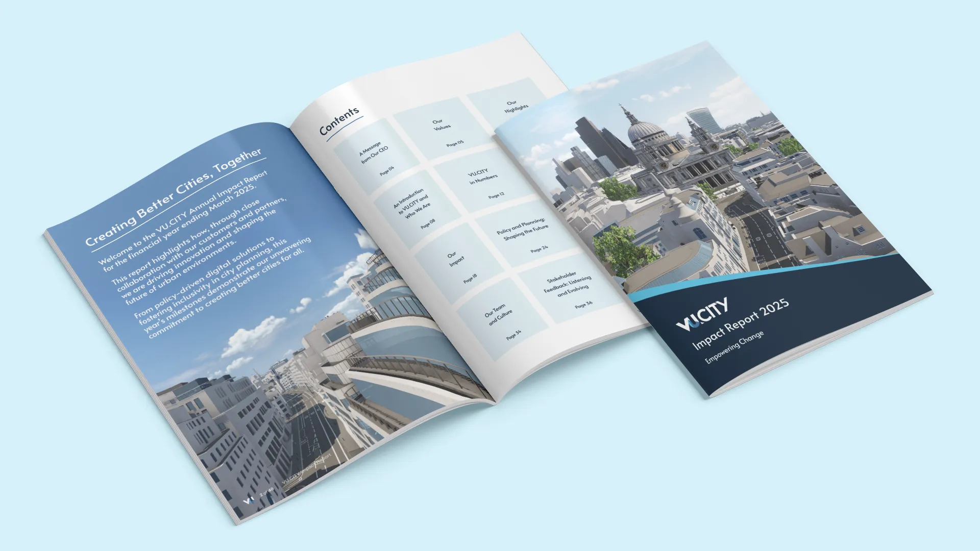 Freelance Annual Report Designer in London VU.CITY Impact Report Magazine Design