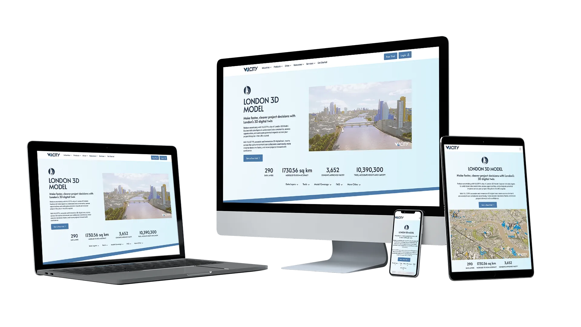 VU.CITY SaSS website design London city page shown of responsive devices