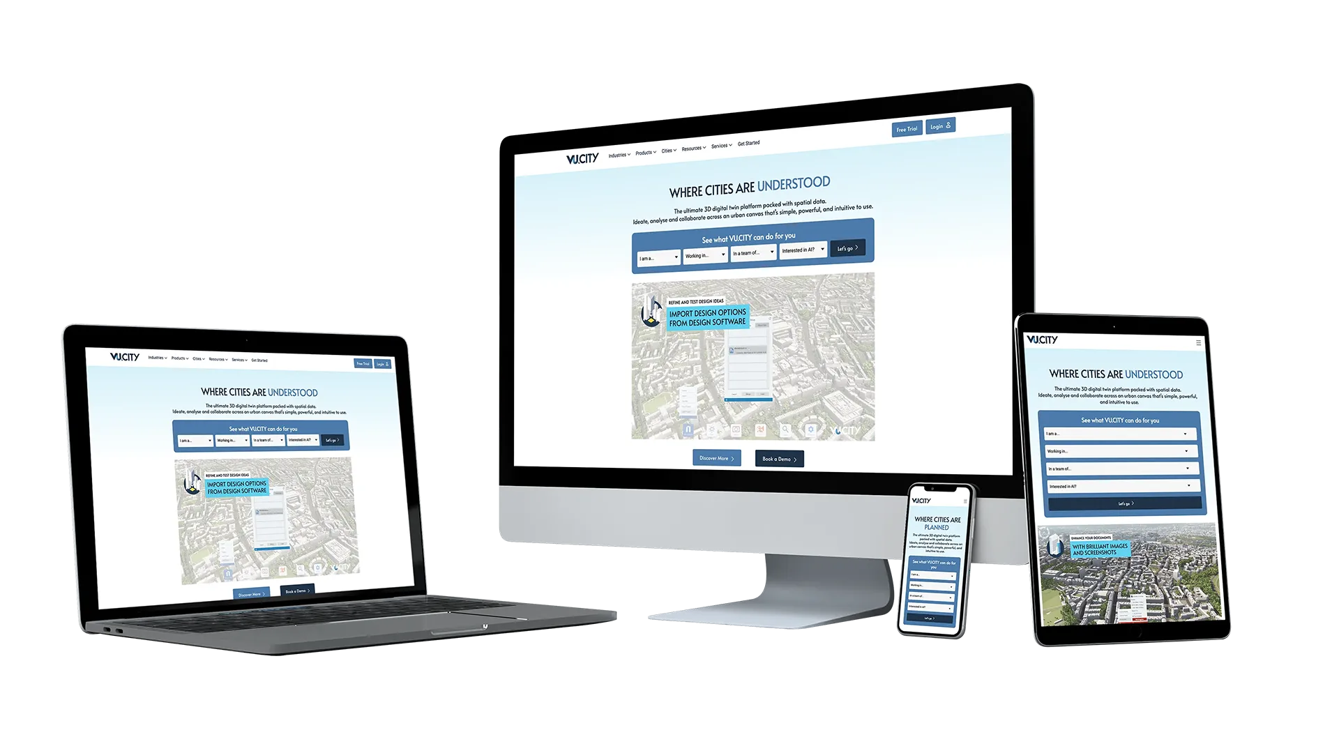 VU.CITY SaSS website design home page shown of responsive devices