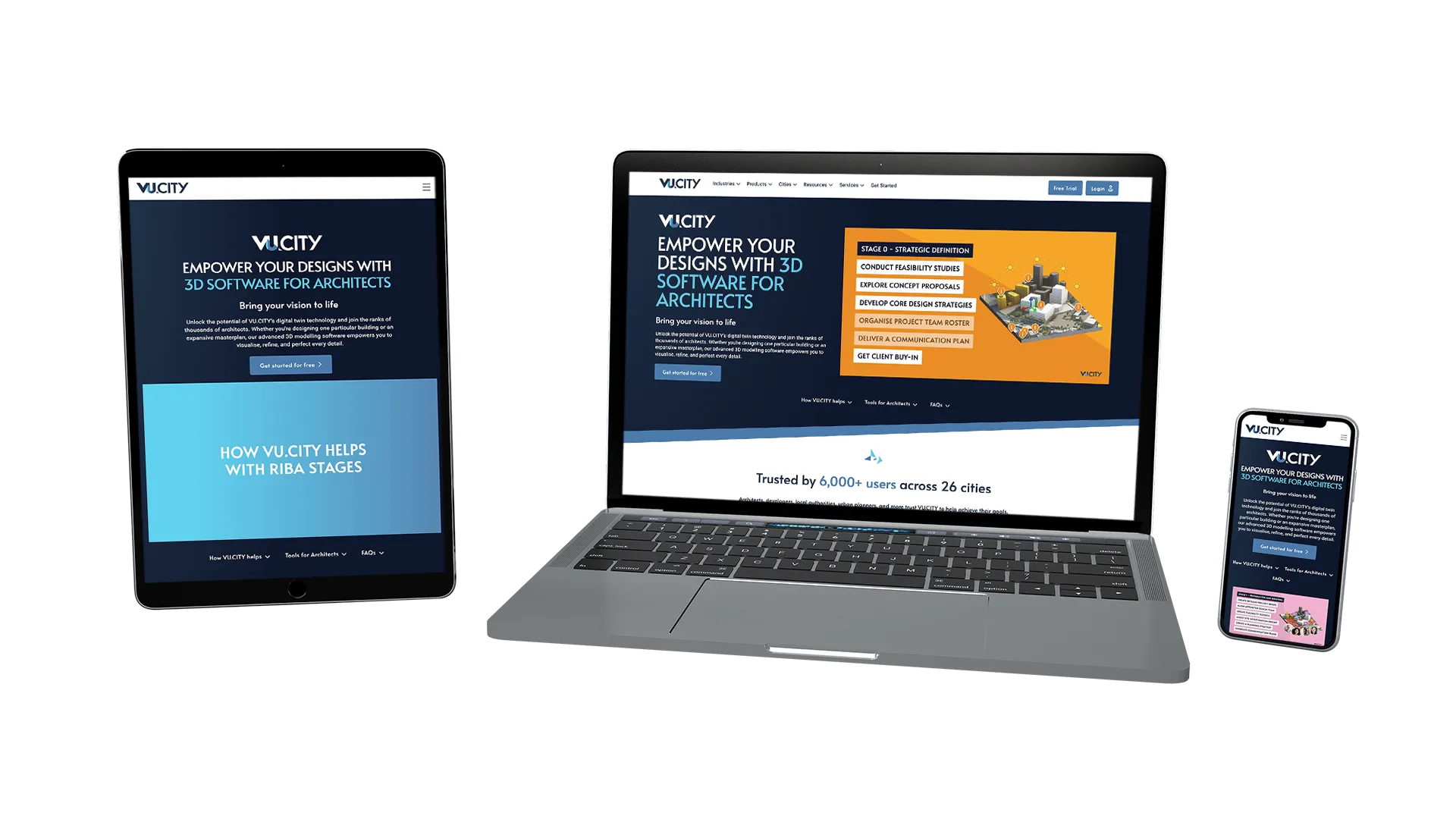 VU.CITY SaSS website design architects page shown of responsive devices