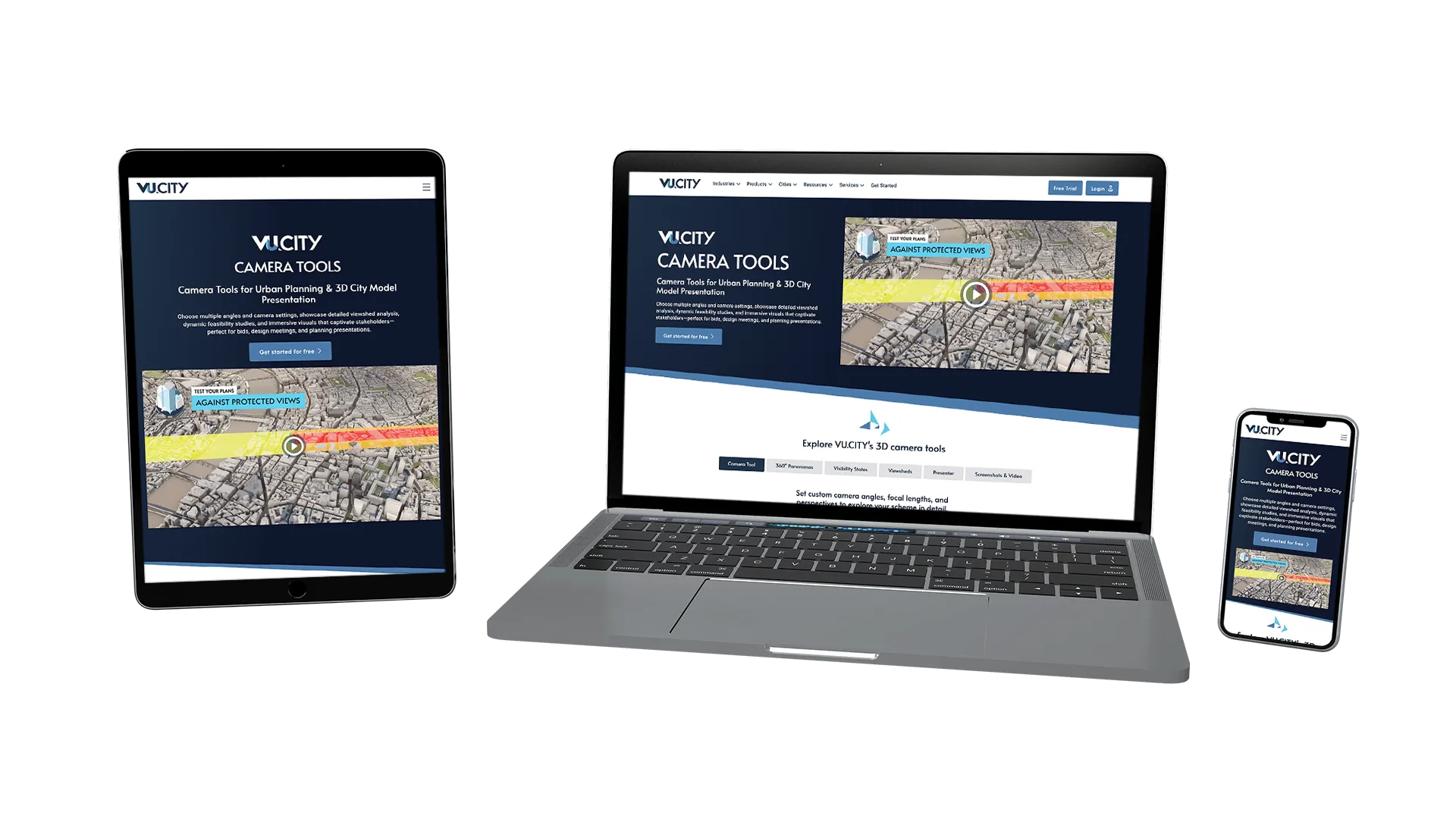VU.CITY SaSS website design product page shown of responsive devices